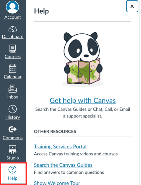 Screenshot of Canvas help menu